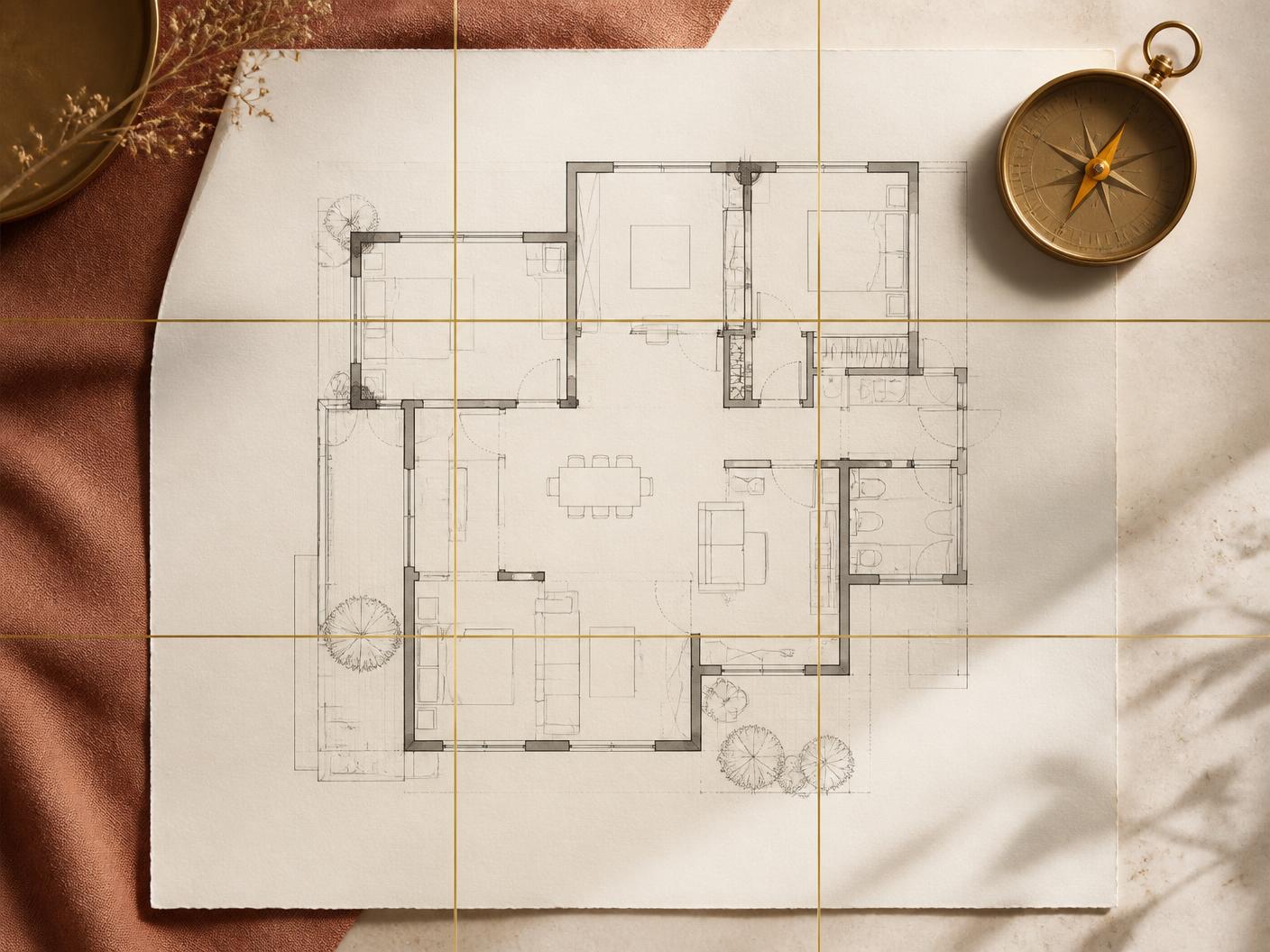 Architectural floor plan with a gold Vastu grid overlay and a brass compass