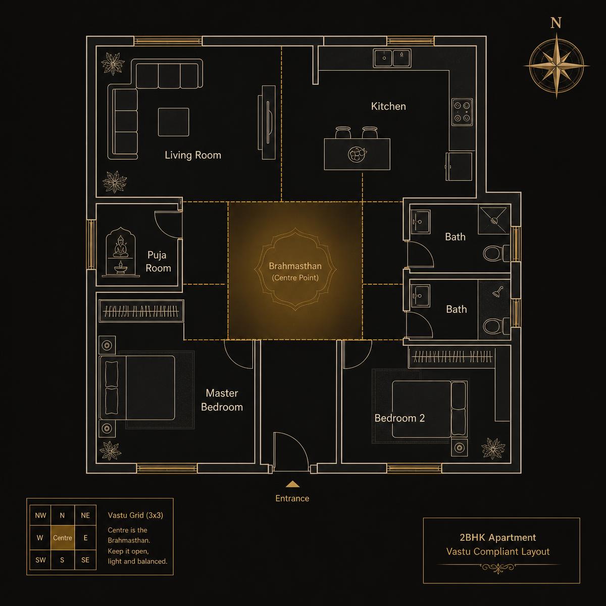 Annotated Vastu floor plan of a 2BHK apartment with room labels, a 3x3 zone grid and a North compass
